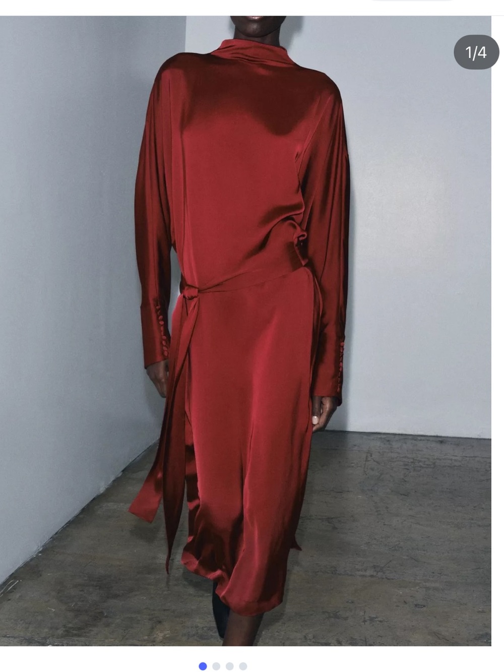 Zara Rust Red Satin Long-Sleeve Wrap Midi Dress